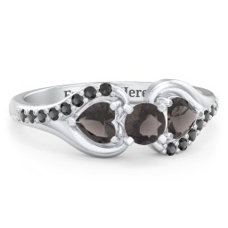 1/4 ct. Round Gemstone Engagement Ring with Heart Stones & Accents Stones in 925 Sterling Silver with Smokey Quartz and Black Premium Zirconia