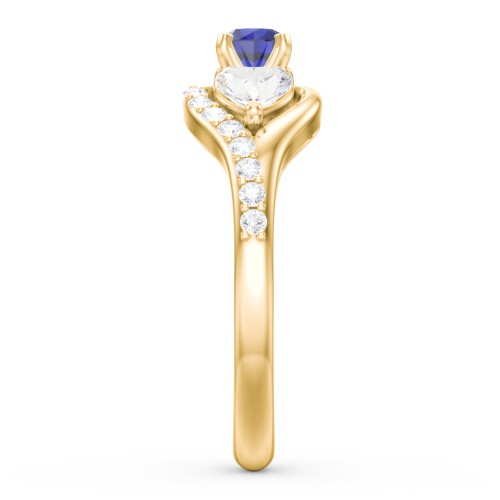 1/4 ct. Round Gemstone Engagement Ring with Heart Stones & Accents Stones – 10K Yellow Gold with Blue Sapphire, Cubic Zirconia, and White Premium Zirconia