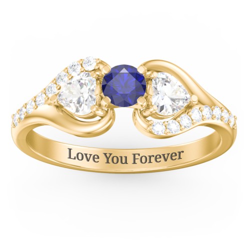 1/4 ct. Round Gemstone Engagement Ring with Heart Stones & Accents Stones – 10K Yellow Gold with Blue Sapphire, Cubic Zirconia, and White Premium Zirconia