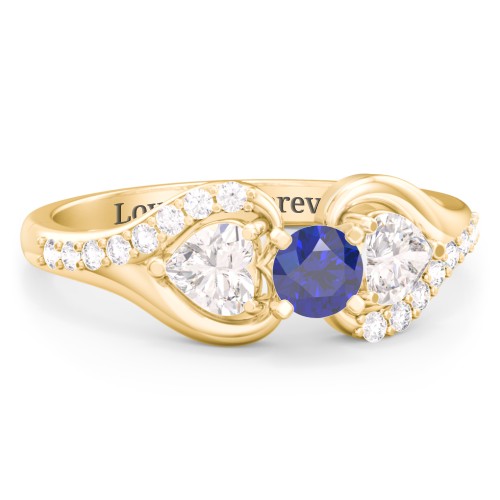 1/4 ct. Round Gemstone Engagement Ring with Heart Stones & Accents Stones – 10K Yellow Gold with Blue Sapphire, Cubic Zirconia, and White Premium Zirconia