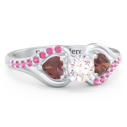 1/3 ct. Round Gemstone Engagement Ring with Heart Stones & Accents Stones in 925 Sterling Silver with White Premium Zirconia, Garnet, and Red Premium Zirconia
