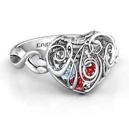 Caged Hearts Ring with 2-6 Stones in 925 Sterling Silver with Garnet, Aquamarine, Citrine, Smokey Quartz, and Pink Tourmaline