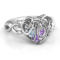 Caged Hearts Ring with 2-6 Stones in 925 Sterling Silver with Amethyst, Aquamarine, Citrine, Smokey Quartz, and Pink Tourmaline