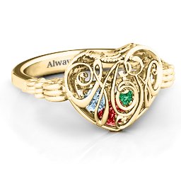 Caged Hearts Ring with 2-6 Stones in 10K Solid Yellow Gold with Garnet, Emerald, Aquamarine, Citrine, Smokey Quartz, and Pink Tourmaline