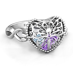 Caged Hearts Ring with 2-6 Stones in 925 Sterling Silver with Amethyst, Aquamarine, Citrine, Smokey Quartz, and Pink Tourmaline