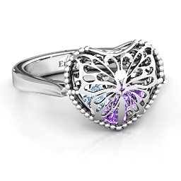 Caged Hearts Ring with 2-6 Stones in 925 Sterling Silver with Amethyst, Aquamarine, Citrine, Smokey Quartz, and Pink Tourmaline