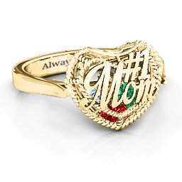 Caged Hearts Ring with 2-6 Stones in 10K Solid Yellow Gold with Garnet, Emerald, Aquamarine, Citrine, Smokey Quartz, and Pink Tourmaline