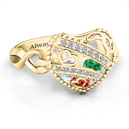 Caged Hearts Ring with 2-6 Stones in 10K Solid Yellow Gold with Garnet, Emerald, Aquamarine, Citrine, Smokey Quartz, and Pink Tourmaline