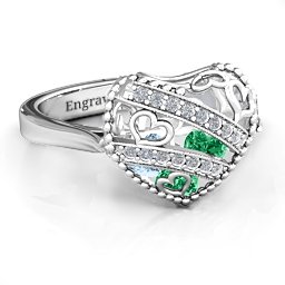 Caged Hearts Ring with 2-6 Stones in 925 Sterling Silver with Emerald, Aquamarine, Citrine, Smokey Quartz, and Pink Tourmaline
