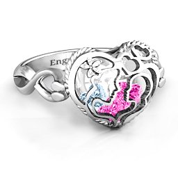 Caged Hearts Ring with 2-6 Stones in 925 Sterling Silver with Pink Tourmaline, Aquamarine, Citrine, and Smokey Quartz