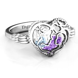 Caged Hearts Ring with 2-6 Stones in 925 Sterling Silver with Amethyst, Aquamarine, Citrine, Smokey Quartz, and Pink Tourmaline