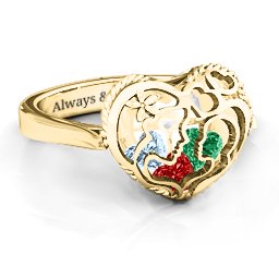 Caged Hearts Ring with 2-6 Stones in 10K Solid Yellow Gold with Garnet, Emerald, Aquamarine, Citrine, Smokey Quartz, and Pink Tourmaline