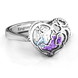 Caged Hearts Ring with 2-6 Stones in 925 Sterling Silver with Amethyst, Aquamarine, Citrine, Smokey Quartz, and Pink Tourmaline