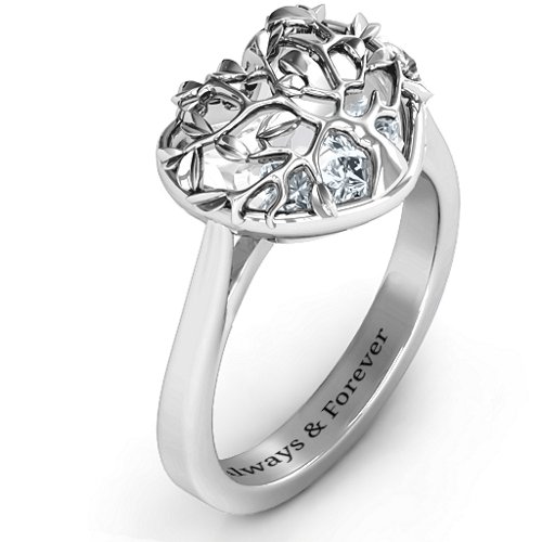 Family Tree Caged Hearts Ring with Ski Tip Band