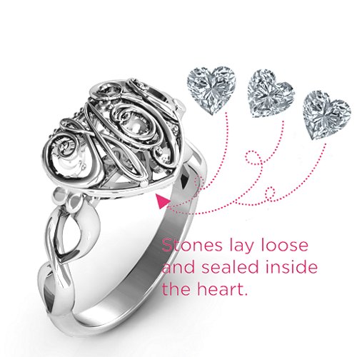 Cursive Mom Caged Hearts Ring with Infinity Band