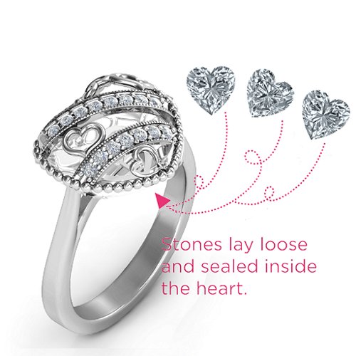 Sparkling Hearts Caged Hearts Ring with Ski Tip Band