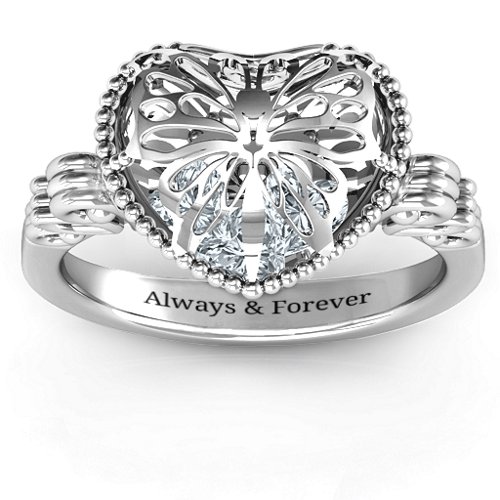 Butterfly Caged Hearts Ring with Butterfly Wings Band