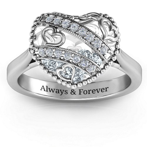 Sparkling Hearts Caged Hearts Ring with Ski Tip Band
