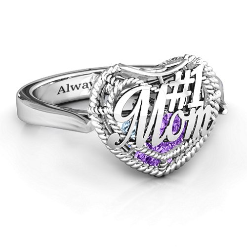 #1 Mom Caged Hearts Ring with Ski Tip Band