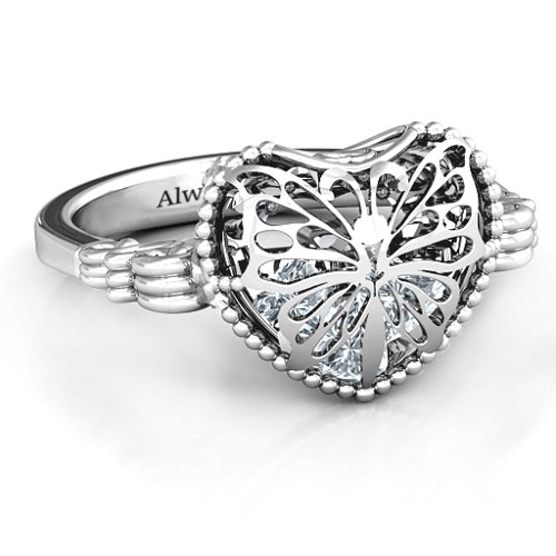 Butterfly Caged Hearts Ring with Butterfly Wings Band