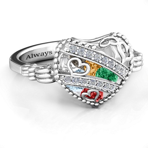 Sparkling Diamond Hearts Caged Hearts Ring with Butterfly Wings Band