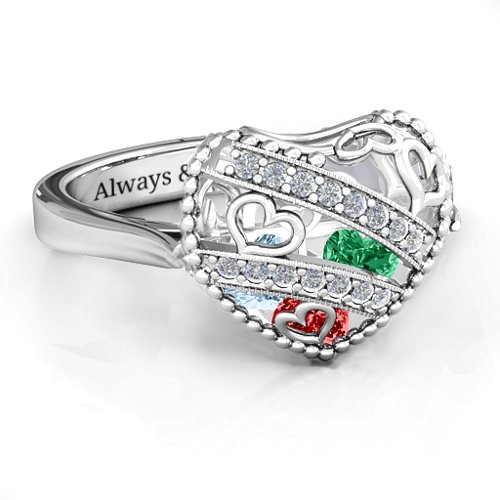 Sparkling Diamond Hearts Caged Hearts Ring with Ski Tip Band