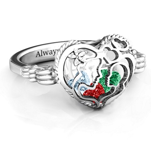 Mother and Child Caged Hearts Ring with Butterfly Wings Band