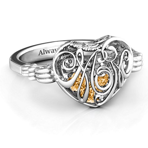 Cursive Mom Caged Hearts Ring with Butterfly Wings Band