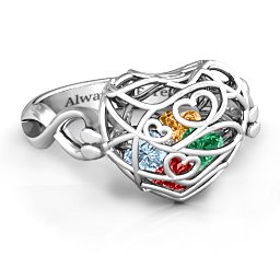 Caged Hearts Ring with 2-6 Stones in 925 Sterling Silver with Garnet, Emerald, Aquamarine, Citrine, Smokey Quartz, and Pink Tourmaline