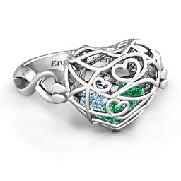 Caged Hearts Ring with 2-6 Stones in 925 Sterling Silver with Emerald, Aquamarine, Citrine, Smokey Quartz, and Pink Tourmaline