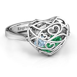 Caged Hearts Ring with 2-6 Stones in 925 Sterling Silver with Emerald, Aquamarine, Citrine, Smokey Quartz, and Pink Tourmaline