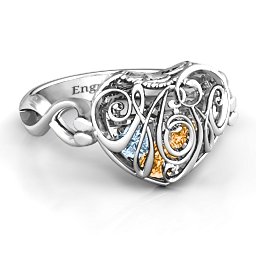 Caged Hearts Ring with 2-6 Stones in 925 Sterling Silver with Citrine, Aquamarine, Smokey Quartz, and Pink Tourmaline