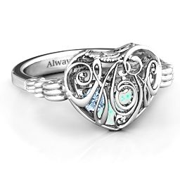 Caged Hearts Ring with 2-6 Stones in 925 Sterling Silver with Opal, Aquamarine, Citrine, Smokey Quartz, and Pink Tourmaline