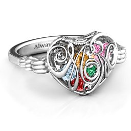 Caged Hearts Ring with 2-6 Stones in 925 Sterling Silver with Garnet, Emerald, Aquamarine, Citrine, Smokey Quartz, and Pink Tourmaline