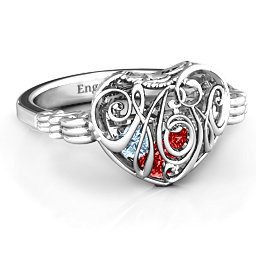 Caged Hearts Ring with 2-6 Stones in 925 Sterling Silver with Garnet, Aquamarine, Citrine, Smokey Quartz, and Pink Tourmaline