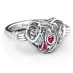 Caged Hearts Ring with 2-6 Stones in 925 Sterling Silver with Ruby, Aquamarine, Citrine, Smokey Quartz, and Pink Tourmaline