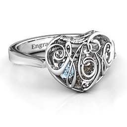 Caged Hearts Ring with 2-6 Stones in 925 Sterling Silver with Smokey Quartz, Aquamarine, Citrine, and Pink Tourmaline