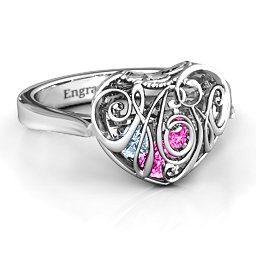 Caged Hearts Ring with 2-6 Stones in 925 Sterling Silver with Pink Tourmaline, Aquamarine, Citrine, and Smokey Quartz