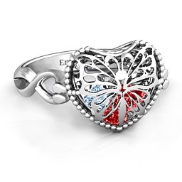 Caged Hearts Ring with 2-6 Stones in 925 Sterling Silver with Garnet, Aquamarine, Citrine, Smokey Quartz, and Pink Tourmaline