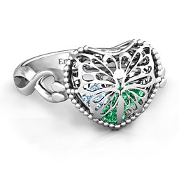 Caged Hearts Ring with 2-6 Stones in 925 Sterling Silver with Emerald, Aquamarine, Citrine, Smokey Quartz, and Pink Tourmaline
