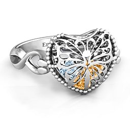 Caged Hearts Ring with 2-6 Stones in 925 Sterling Silver with Citrine, Aquamarine, Smokey Quartz, and Pink Tourmaline