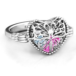 Caged Hearts Ring with 2-6 Stones in 925 Sterling Silver with Pink Tourmaline, Aquamarine, Citrine, and Smokey Quartz