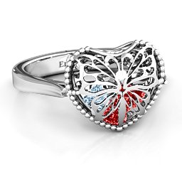 Caged Hearts Ring with 2-6 Stones in 925 Sterling Silver with Garnet, Aquamarine, Citrine, Smokey Quartz, and Pink Tourmaline