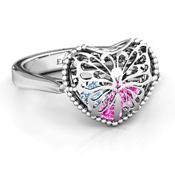 Caged Hearts Ring with 2-6 Stones in 925 Sterling Silver with Pink Tourmaline, Aquamarine, Citrine, and Smokey Quartz