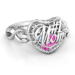 Caged Hearts Ring with 2-6 Stones in 925 Sterling Silver with Pink Tourmaline, Aquamarine, Citrine, and Smokey Quartz