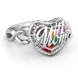 Caged Hearts Ring with 2-6 Stones in 925 Sterling Silver with Garnet, Emerald, Aquamarine, Citrine, Smokey Quartz, and Pink Tourmaline