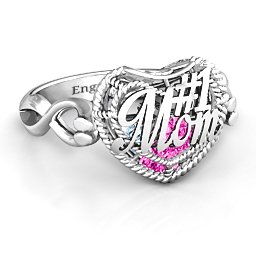 Caged Hearts Ring with 2-6 Stones in 925 Sterling Silver with Pink Tourmaline, Aquamarine, Citrine, and Smokey Quartz