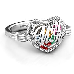 Caged Hearts Ring with 2-6 Stones in 925 Sterling Silver with Garnet, Emerald, Aquamarine, Citrine, Smokey Quartz, and Pink Tourmaline