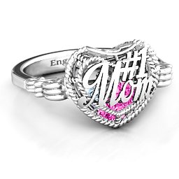 Caged Hearts Ring with 2-6 Stones in 925 Sterling Silver with Pink Tourmaline, Aquamarine, Citrine, and Smokey Quartz