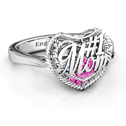 Caged Hearts Ring with 2-6 Stones in 925 Sterling Silver with Pink Tourmaline, Aquamarine, Citrine, and Smokey Quartz